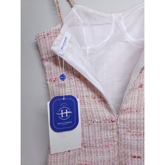 Hello Fashion Tweed mini dress bouclé fabric pink beige structured bustier style - Picture 12 of 14